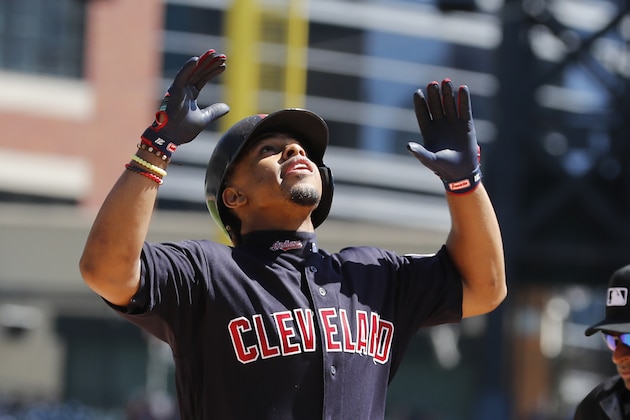 Cleveland Indians' Francisco Lindor looks skyward as he crosses home plate after a solo home run during the third inning of a baseball game against the Detroit Tigers, Thursday, Aug. 29, 2019, in Detroit. (AP Photo/Carlos Osorio)