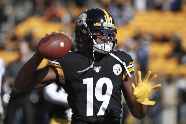 Pittsburgh Steelers wide receiver JuJu Smith-Schuster (19) warms up before an NFL football game against the Indianapolis Colts, Sunday, Nov. 3, 2019, in Pittsburgh. (AP Photo/Gene J. Puskar)