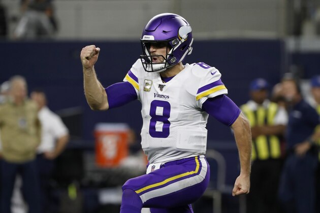 Minnesota Vikings quarterback Kirk Cousins celebrates in the second half of NFL football game against the Dallas Cowboys in Arlington, Texas, Sunday, Nov. 10, 2019. (AP Photo/Roger Steinman)