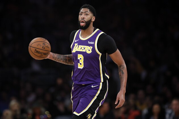 Los Angeles Lakers' Anthony Davis (3) during the first half of an NBA basketball game against the Miami Heat Friday, Nov. 8, 2019, in Los Angeles. (AP Photo/Marcio Jose Sanchez)