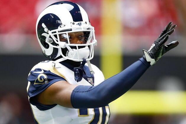 ATLANTA, GA - OCTOBER 20: Jalen Ramsey #20 of the Los Angeles Rams warms up prior to an NFL game against the Atlanta Falcons at Mercedes-Benz Stadium on October 20, 2019 in Atlanta, Georgia. (Photo by Todd Kirkland/Getty Images)