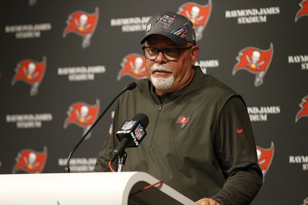 Tampa Bay Buccaneers head coach Bruce Arians speaks during a post-game news confernence after an NFL football game against the Arizona Cardinals Sunday, Nov. 10, 2019, in Tampa, Fla. (AP Photo/Mark LoMoglio)