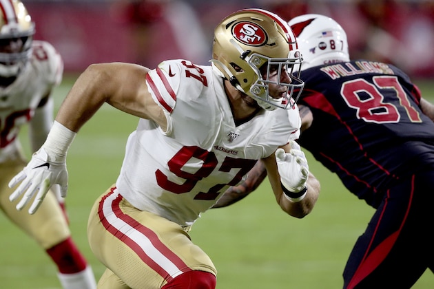 San Francisco 49ers defensive end Nick Bosa (97) runs a play against the Arizona Cardinals during the first half of an NFL football game, Thursday, Oct. 31, 2019, in Glendale, Ariz. (AP Photo/Ross D. Franklin)