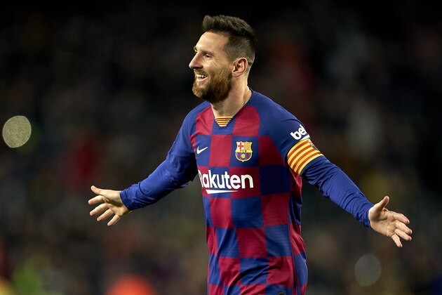 BARCELONA, SPAIN - NOVEMBER 09: Lionel Messi of FC Barcelona celebrates their team's third goal during the Liga match between FC Barcelona and RC Celta de Vigo at Camp Nou on November 09, 2019 in Barcelona, Spain. (Photo by Quality Sport Images/Getty Images)