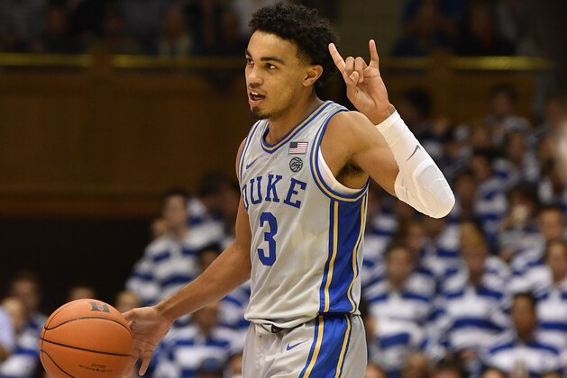 DURHAM, NORTH CAROLINA - NOVEMBER 08: Tre Jones #3 of the Duke Blue Devils against the Colorado State Rams during their game at Cameron Indoor Stadium on November 08, 2019 in Durham, North Carolina. (Photo by Grant Halverson/Getty Images)