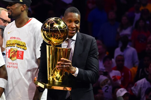 OAKLAND, CA - JUNE 13: The Toronto Raptors and Masai Ujiri celebrate after winning the 2019 NBA Finals against the Golden State Warriors after Game Six of the NBA Finals on June 13, 2019 at ORACLE Arena in Oakland, California. NOTE TO USER: User expressly acknowledges and agrees that, by downloading and/or using this photograph, user is consenting to the terms and conditions of Getty Images License Agreement. Mandatory Copyright Notice: Copyright 2019 NBAE (Photo by Jesse D. Garrabrant/NBAE via Getty Images)