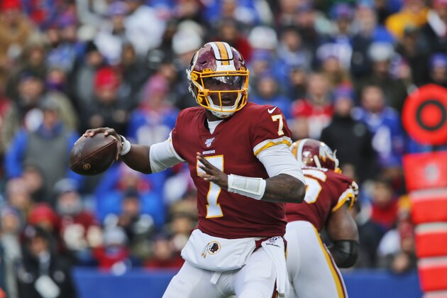 Washington Redskins quarterback Dwayne Haskins looks to throw during the first half of an NFL football game against the Buffalo Bills, Sunday, Nov. 3, 2019, in Orchard Park, N.Y. (AP Photo/John Munson)