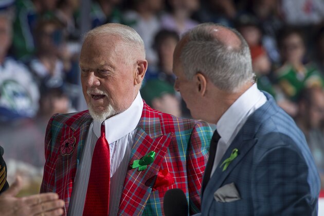 REGINA, SK - MAY 21:  Don Cherry and Ron MacLean of Coaches Corner stand on the ice at the start of the game between Hamilton Bulldogs and the Swift Current Broncos at Brandt Centre - Evraz Place on May 21, 2018 in Regina, Canada. (Photo by Marissa Baecker/Getty Images)