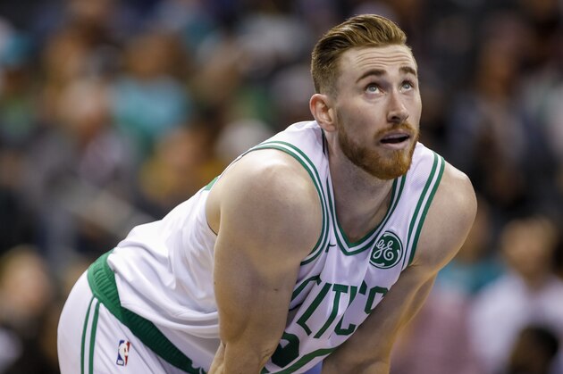 Boston Celtics' Gordon Hayward (20) watches a free throw fall against the Charlotte Hornets during the second half of an NBA basketball game in Charlotte, N.C., Thursday, Nov. 7, 2019. The Celtics won 108-87. (AP Photo/Bob Leverone)