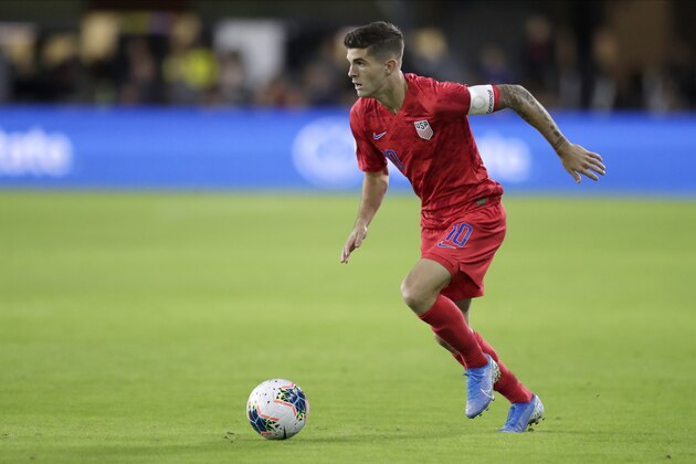 United States' Christian Pulisic in action against Cuba during the second half of a CONCACAF Nations League soccer game Friday, Oct. 11, 2019, in Washington. The U.S. won 7-0. (AP Photo/Julio Cortez)