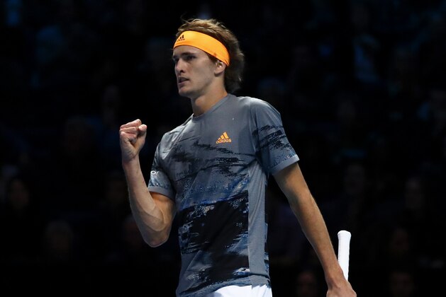 LONDON, ENGLAND - NOVEMBER 11: Alexander Zverev of Germany celebrates in his singles match against Rafael Nadal of Spain during Day Two of the Nitto ATP World Tour Finals at The O2 Arena on November 11, 2019 in London, England. (Photo by Julian Finney/Getty Images)