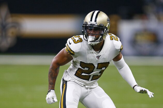 New Orleans Saints cornerback Marshon Lattimore (23) covers in the first half of an NFL football game against the Dallas Cowboys in New Orleans, Sunday, Sept. 29, 2019. (AP Photo/Butch Dill)
