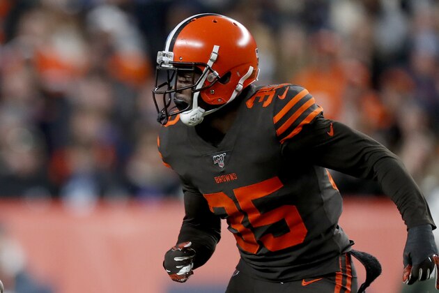 Cleveland Browns defensive back Jermaine Whitehead (35) runs a play against the Denver Broncos during the second half of NFL football game, Sunday, Nov. 3, 2019, in Denver. Whitehead has been released following his disturbing social media rant after a loss in Denver. The Browns announced the move Monday, Nov. 4, 2019, hours after rebuking Whitehead for