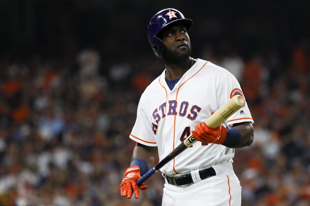 Houston Astros' Yordan Alvarez flies out against the New York Yankees during the third inning in Game 2 of baseball's American League Championship Series Sunday, Oct. 13, 2019, in Houston. (AP Photo/Matt Slocum)