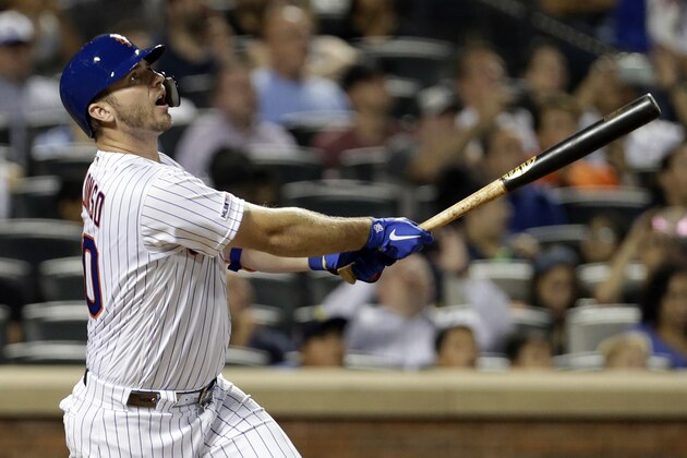 New York Mets' Pete Alonso follows through on his 53rd home run of the season during the third inning of a baseball game against the Atlanta Braves, Saturday, Sept. 28, 2019, in New York. (AP Photo/Adam Hunger)