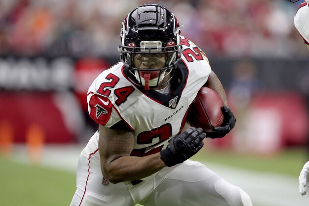 Atlanta Falcons running back Devonta Freeman (24) runs the ball against the Arizona Cardinals during the first half of an NFL football game, Sunday, Oct. 13, 2019, in Glendale, Ariz. (AP Photo/Ross D. Franklin)