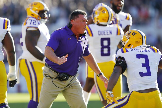 TUSCALOOSA, ALABAMA - NOVEMBER 09: Head coach Ed Orgeron of the LSU Tigers reacts after the Tigers recovered a fumble during the first half against the Alabama Crimson Tide in the game at Bryant-Denny Stadium on November 09, 2019 in Tuscaloosa, Alabama. (Photo by Kevin C. Cox/Getty Images)