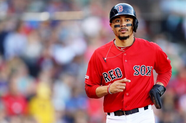 BOSTON, MASSACHUSETTS - SEPTEMBER 29: Mookie Betts #50 of the Boston Red Sox looks on during the third inning against the Baltimore Orioles at Fenway Park on September 29, 2019 in Boston, Massachusetts. (Photo by Maddie Meyer/Getty Images)