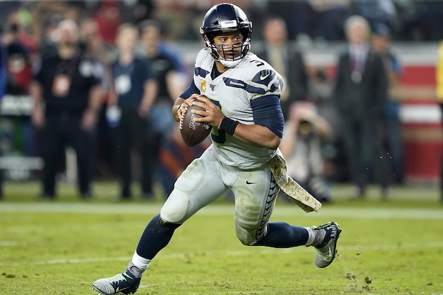 SANTA CLARA, CALIFORNIA - NOVEMBER 11: Quarterback Russell Wilson #3 of the Seattle Seahawks drops back to pass against the defense of the San Francisco 49ers in the game at Levi's Stadium on November 11, 2019 in Santa Clara, California. (Photo by Thearon W. Henderson/Getty Images)