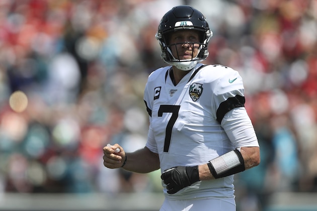 Jacksonville Jaguars quarterback Nick Foles (7) walks off the field after breaking his left clavicle during an NFL football game against the Kansas City Chiefs, Sunday, Sept. 8, 2019, in Jacksonville, Fla. The Chiefs defeated the Jaguars 40-26. (AP Photo/Perry Knotts)