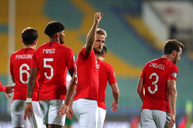 SOFIA, BULGARIA - OCTOBER 14: Harry Kane of England celebrates after he scores his sides sixth goal during the UEFA Euro 2020 qualifier between Bulgaria and England on October 14, 2019 in Sofia, Bulgaria. (Photo by Catherine Ivill/Getty Images)