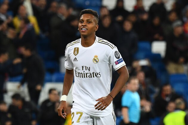 Real Madrid's Brazilian forward Rodrygo celebrates after scoring during the UEFA Champions League Group A football match between Real Madrid and Galatasaray at the Santiago Bernabeu stadium in Madrid, on November 6, 2019. (Photo by GABRIEL BOUYS / AFP) (Photo by GABRIEL BOUYS/AFP via Getty Images)
