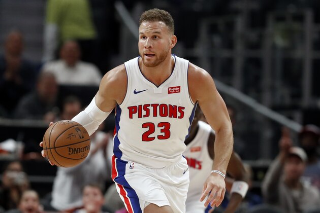 Detroit Pistons forward Blake Griffin brings the ball up court during the first half of an NBA basketball game against the Minnesota Timberwolves, Monday, Nov. 11, 2019, in Detroit. (AP Photo/Carlos Osorio) Detroit Pistons forward Blake Griffin brings the ball up court during the first half of an NBA basketball game against the Minnesota Timberwolves, Monday, Nov. 11, 2019, in Detroit. (AP Photo/Carlos Osorio)
