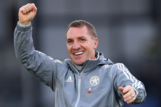 LONDON, ENGLAND - NOVEMBER 03: Brendan Rodgers, Manager of Leicester City celebrates after the Premier League match between Crystal Palace and Leicester City at Selhurst Park on November 03, 2019 in London, United Kingdom. (Photo by Justin Setterfield/Getty Images)