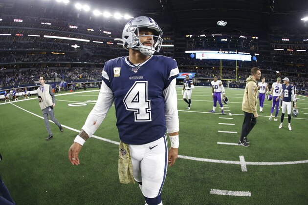 Dallas Cowboys quarterback Dak Prescott walks off the field following the game between the Dallas Cowboys and Minnesota Vikings in an NFL football game in Arlington, Texas, Sunday, Nov. 10, 2019. (AP Photo/Ron Jenkins)
