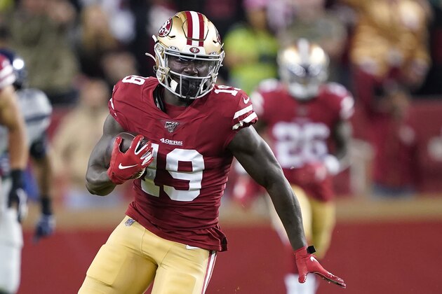 San Francisco 49ers wide receiver Deebo Samuel (19) runs against the Seattle Seahawks during the first half of an NFL football game in Santa Clara, Calif., Monday, Nov. 11, 2019. (AP Photo/Tony Avelar)