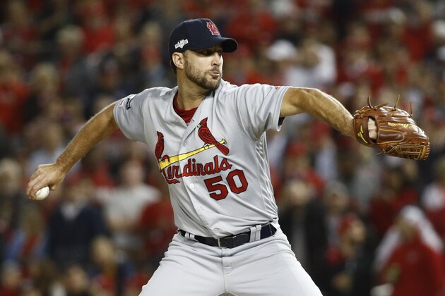 St. Louis Cardinals relief pitcher Adam Wainwright throws during the second inning of Game 4 of the baseball National League Championship Series Tuesday, Oct. 15, 2019, in Washington. (AP Photo/Patrick Semansky)