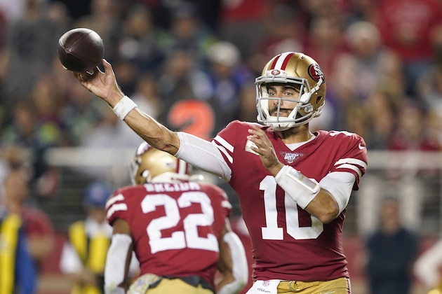 San Francisco 49ers quarterback Jimmy Garoppolo (10) passes against the Seattle Seahawks during the first half of an NFL football game in Santa Clara, Calif., Monday, Nov. 11, 2019. (AP Photo/Tony Avelar)