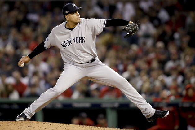 New York Yankees relief pitcher Dellin Betances throws against the Boston Red Sox during the sixth inning of Game 2 of a baseball American League Division Series on Saturday, Oct. 6, 2018, in Boston. (AP Photo/Charles Krupa)