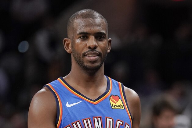 Oklahoma City Thunder guard Chris Paul walks to the bench during the first half of an NBA basketball game against the San Antonio Spurs, Thursday, Nov. 7, 2019, in San Antonio. San Antonio won 121-112. (AP Photo/Darren Abate)