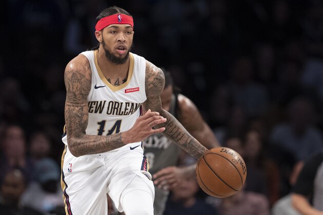 New Orleans Pelicans forward Brandon Ingram handles the ball during the first half of an NBA basketball game against the Brooklyn Nets, Monday, Nov. 4, 2019, in New York. (AP Photo/Mary Altaffer) New Orleans Pelicans forward Brandon Ingram handles the ball during the first half of an NBA basketball game against the Brooklyn Nets, Monday, Nov. 4, 2019, in New York. (AP Photo/Mary Altaffer)