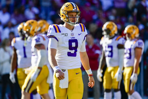 LSU quarterback Joe Burrow (9) warms up before an NCAA football game against Alabama Saturday, Nov. 9, 2019, in Tuscaloosa, Ala. (AP Photo/Vasha Hunt)