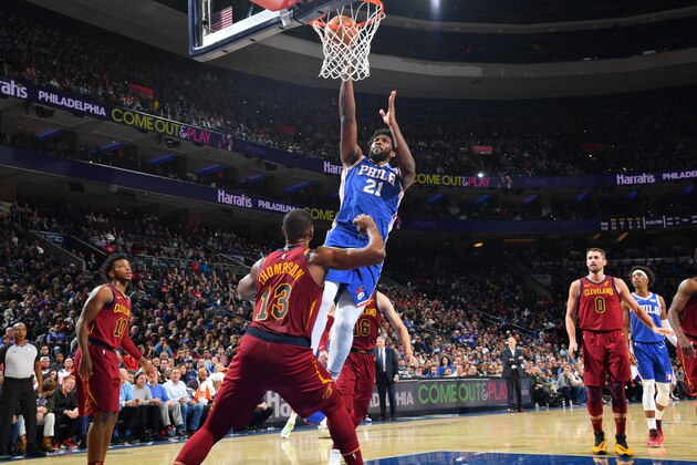 PHILADELPHIA, PA - NOVEMBER 12: Joel Embiid #21 of the Philadelphia 76ers shoots the ball against the Cleveland Cavaliers on November 10, 2019 at the Wells Fargo Center in Philadelphia, Pennsylvania NOTE TO USER: User expressly acknowledges and agrees that, by downloading and/or using this Photograph, user is consenting to the terms and conditions of the Getty Images License Agreement. Mandatory Copyright Notice: Copyright 2019 NBAE (Photo by Jesse D. Garrabrant/NBAE via Getty Images)
