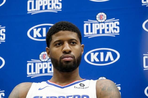 Los Angeles Clippers forward Paul George attends the NBA basketball team's media day in Los Angeles Sunday, Sept. 29, 2019. (AP Photo/Ringo H.W. Chiu)