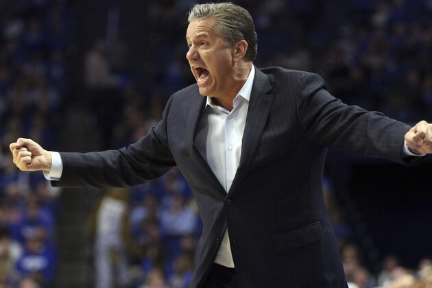 Kentucky head coach John Calipari urges his team on during the second half of an NCAA college basketball game against Eastern Kentucky in Lexington, Ky., Friday, Nov. 8, 2019. Kentucky won 91-49. (AP Photo/James Crisp)