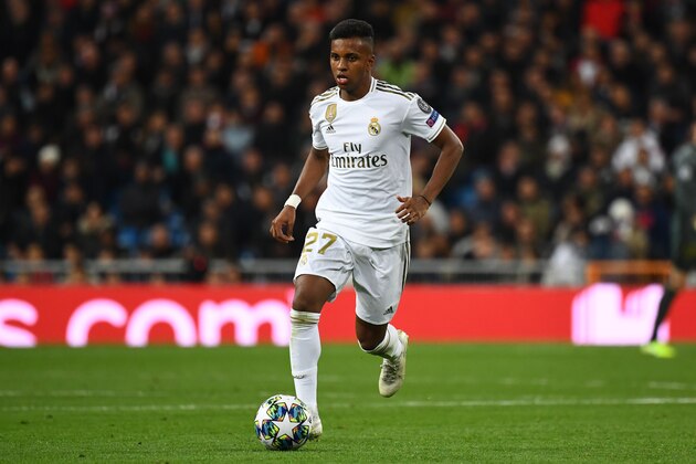 Real Madrid's Brazilian forward Rodrygo controls the ball during the UEFA Champions League Group A football match between Real Madrid and Galatasaray at the Santiago Bernabeu stadium in Madrid, on November 6, 2019. (Photo by GABRIEL BOUYS / AFP) (Photo by GABRIEL BOUYS/AFP via Getty Images)