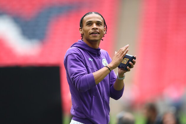 LONDON, ENGLAND - AUGUST 04: Leroy Sane of Manchester City applauds the fans during the FA Community Shield fixture between Liverpool and Manchester City  at Wembley Stadium on August 4, 2019 in London, England. (Photo by Robbie Jay Barratt - AMA/Getty Images)
