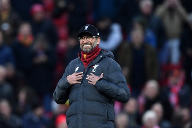LIVERPOOL, ENGLAND - NOVEMBER 10: Jurgen Klopp of Liverpool looks on with ta smile ahead of the Premier League match between Liverpool FC and Manchester City at Anfield on November 10, 2019 in Liverpool, United Kingdom. (Photo by Laurence Griffiths/Getty Images)