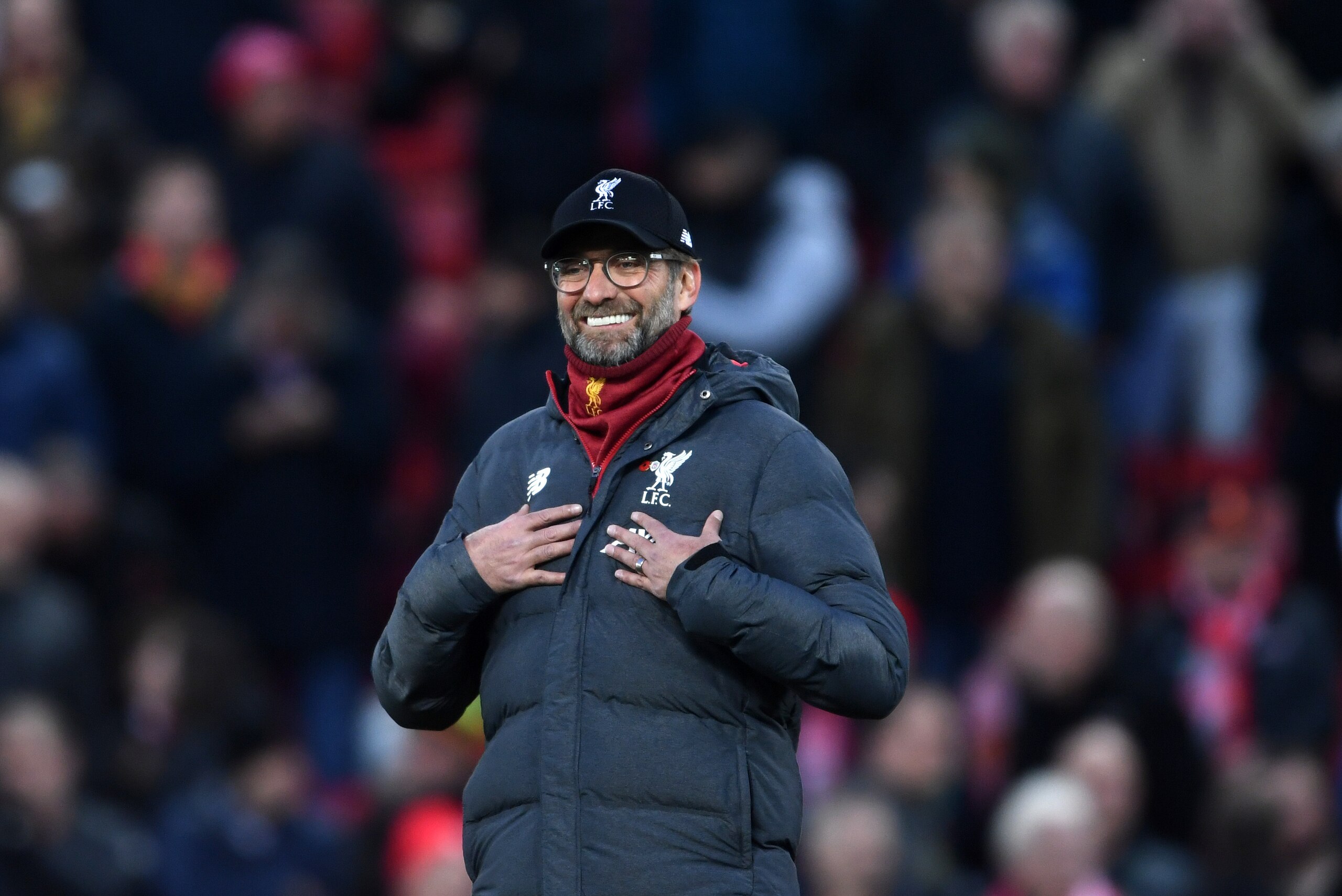 LIVERPOOL, ENGLAND - NOVEMBER 10: Jurgen Klopp of Liverpool looks on with ta smile ahead of the Premier League match between Liverpool FC and Manchester City at Anfield on November 10, 2019 in Liverpool, United Kingdom. (Photo by Laurence Griffiths/Getty Images)