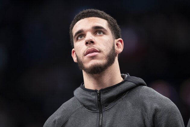 New Orleans Pelicans guard Lonzo Ball warms up before the start of an NBA basketball game against the Brooklyn Nets, Monday, Nov. 4, 2019, in New York. (AP Photo/Mary Altaffer)