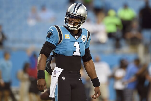 Carolina Panthers quarterback Cam Newton (1) warms up prior to an NFL football game against the Tampa Bay Buccaneers in Charlotte, N.C., Thursday, Sept. 12, 2019. (AP Photo/Mike McCarn)