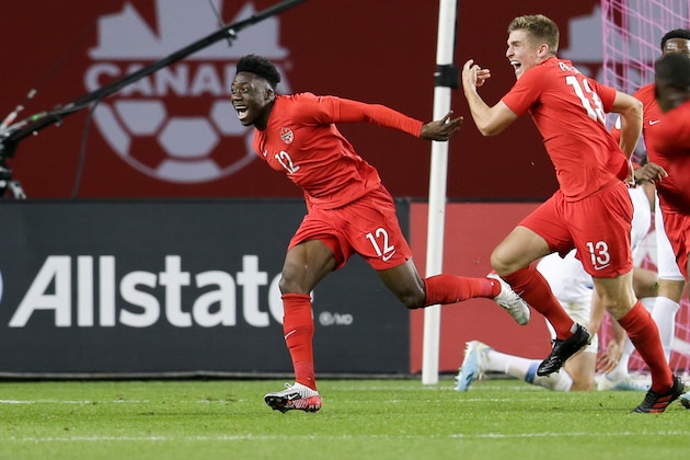 TORONTO, ON - OCTOBER 15: Alphonso Davies #12 of Canada celebrates his goal during a game between Canada and USMNT at BMO Field on October 15, 2019 in Toronto, Canada. (Photo by John Dorton/ISI Photos/Getty Images)