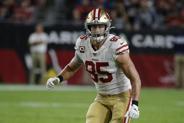 San Francisco 49ers tight end George Kittle (85) during the first half of an NFL football game against the Arizona Cardinals, Thursday, Oct. 31, 2019, in Glendale, Ariz. (AP Photo/Rick Scuteri)