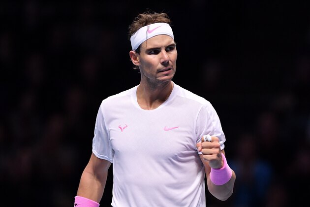 LONDON, ENGLAND - NOVEMBER 13: Rafael Nadal of Spain celebrates in his singles match against Daniil Medvedev of Russia during Day Four of the Nitto ATP World Tour Finals at The O2 Arena on November 13, 2019 in London, England. (Photo by Justin Setterfield/Getty Images)