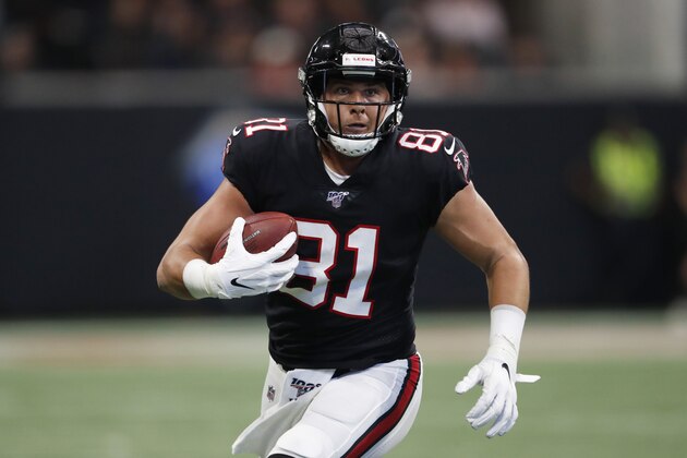 Atlanta Falcons tight end Austin Hooper (81) runs against the Tennessee Titans during the first half of an NFL football game, Sunday, Sept. 29, 2019, in Atlanta. (AP Photo/John Bazemore)