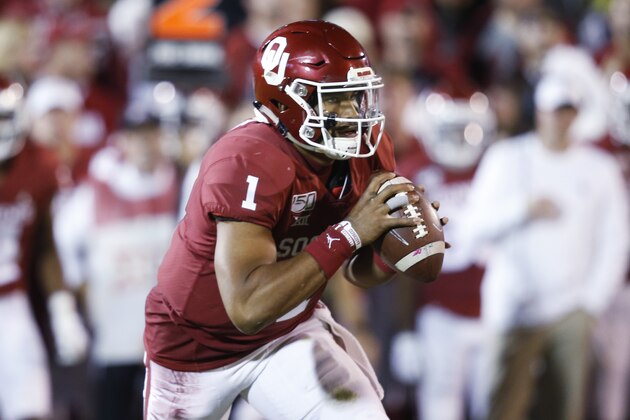 Oklahoma quarterback Jalen Hurts (1) during an NCAA college football game between Iowa State and Oklahoma in Norman, Okla., Saturday, Nov. 9, 2019. (AP Photo/Sue Ogrocki)